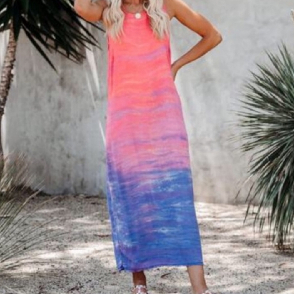 Sam & Lavi Sunset Soiree Frayed Ombre Maxi Dress Size S Pink Blue